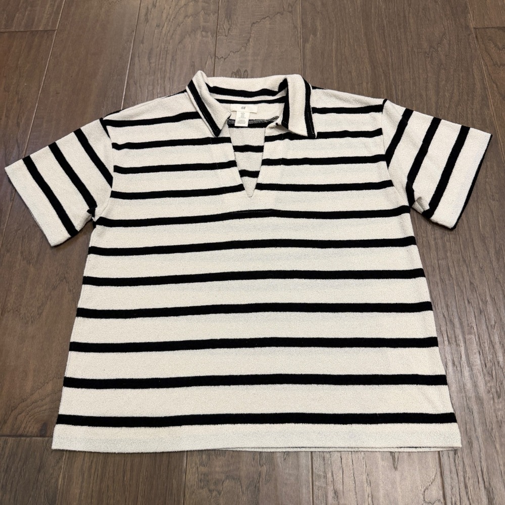 H&M Striped Collared V Neck Short Sleeve Knit Top Womens‎ M Black White Textured